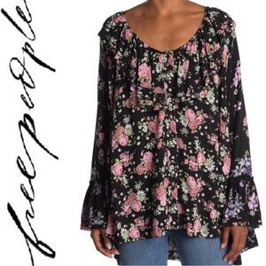 Free People Lorretta Floral Tunic Top Size Small Black Combo